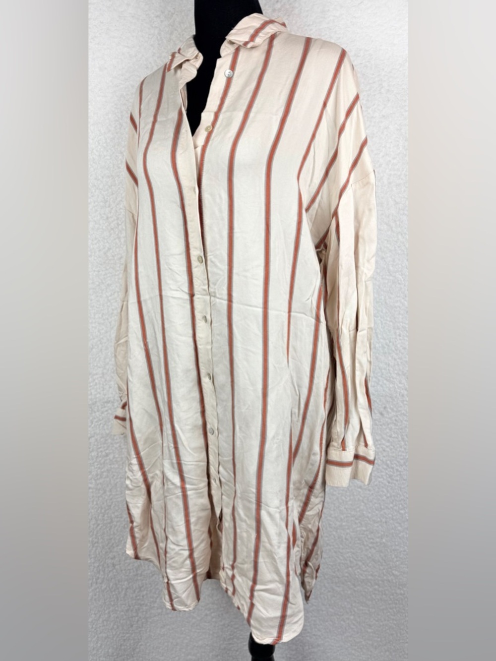 ZARA • Cream/Rust Striped Long Sleeve Button-Down Mini Shirt Dress, S - Picture 3 of 13